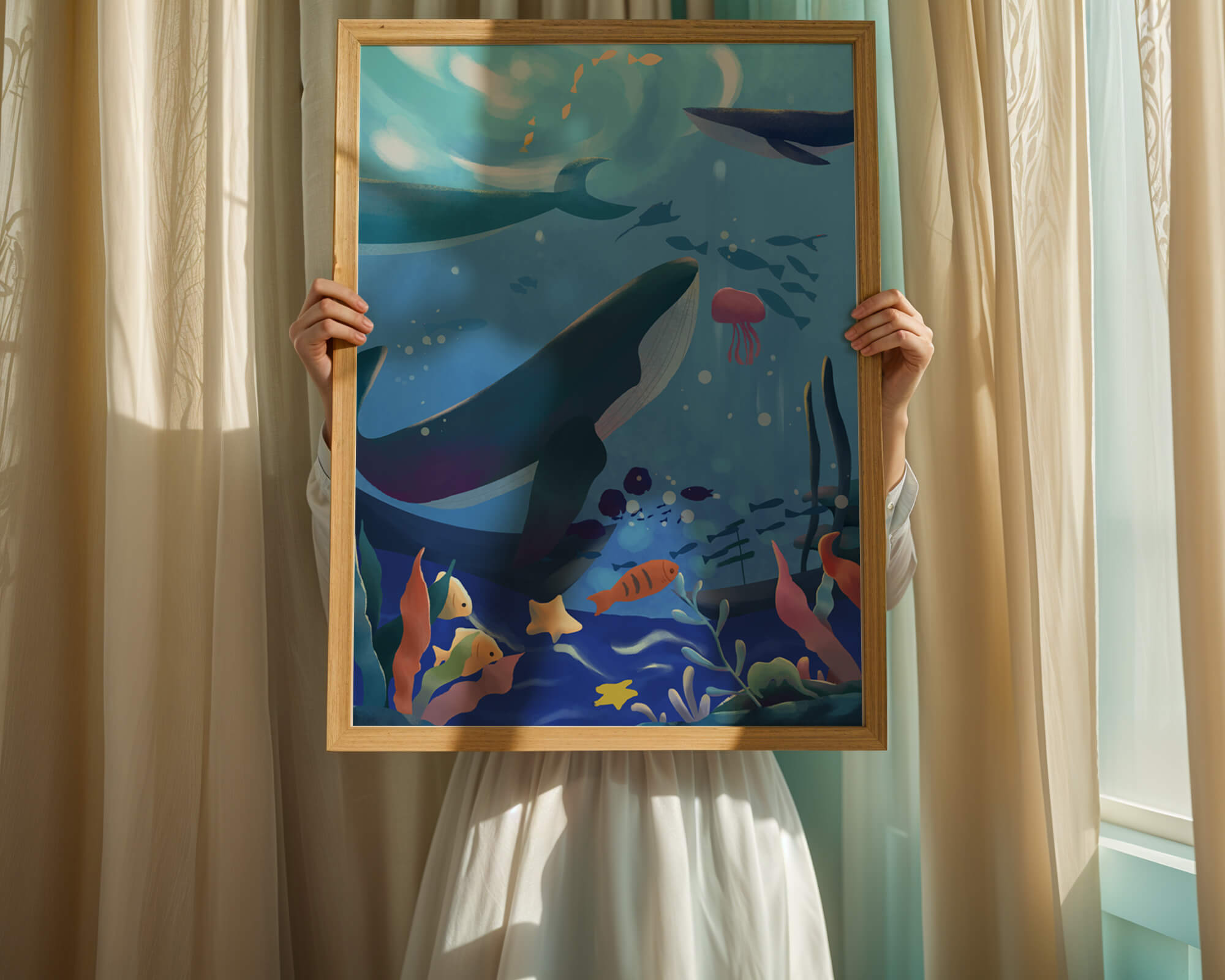 Underwater scene with whales, fish, and coral reef