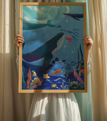 Underwater scene with whales, fish, and coral reef