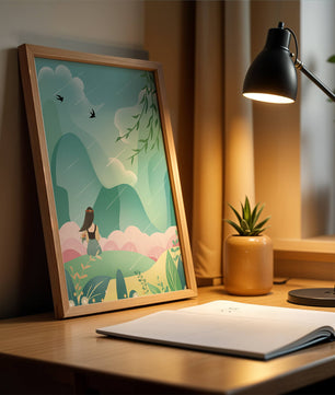 Peaceful landscape with a girl and nature elements