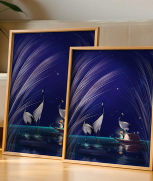 Serene night scene with graceful cranes and a magical boat ride
