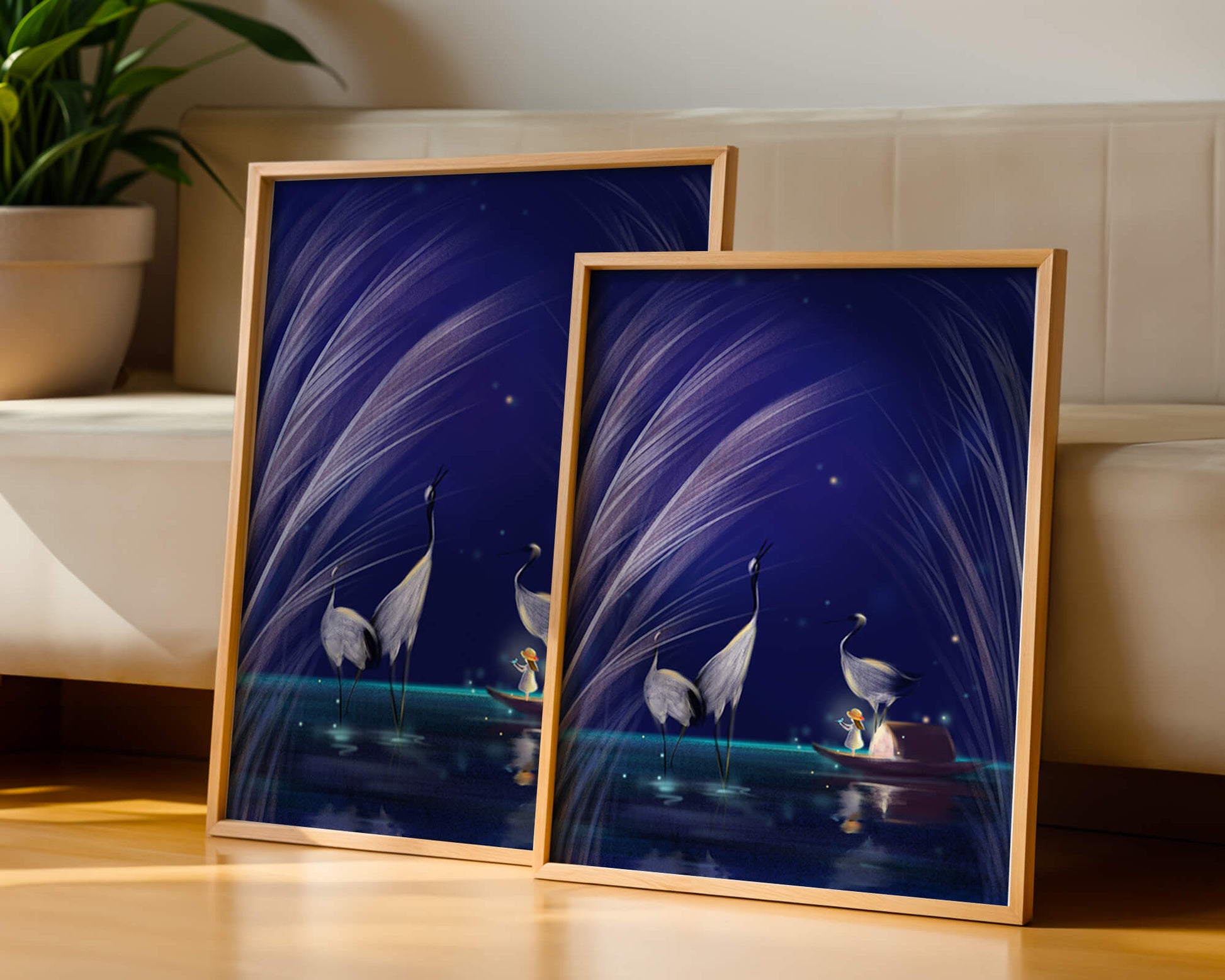 Serene night scene with graceful cranes and a magical boat ride