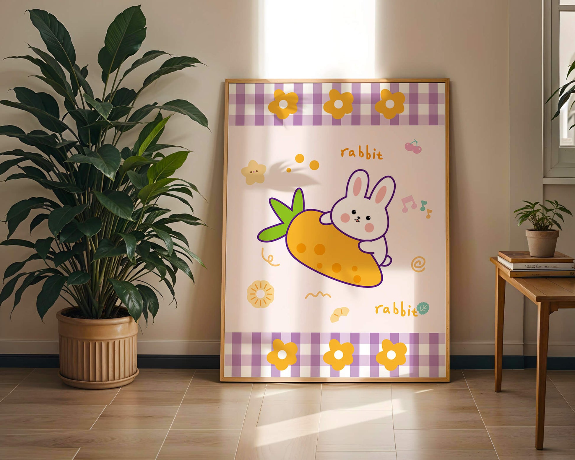 Illustrated cute rabbit with carrot on a colorful background