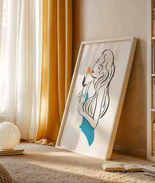 Ilustración estilizada de una mujer con una flor y elementos abstractos
