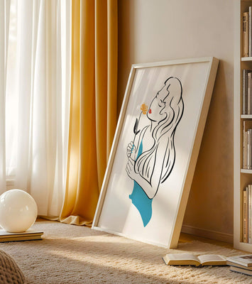 Stylized illustration of a woman with a flower and abstract elements