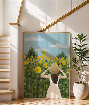 Mujer con vestido blanco admirando un campo de girasoles