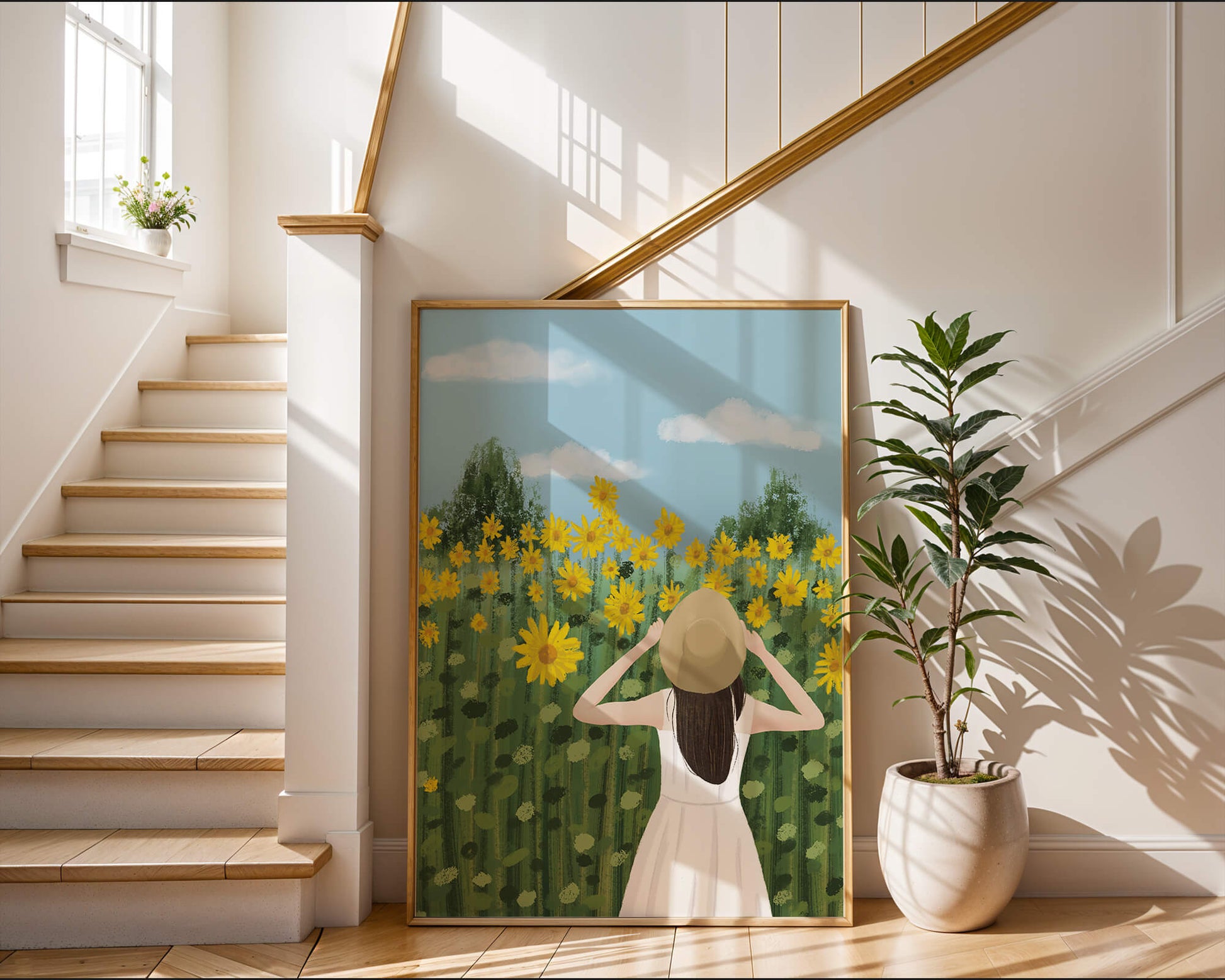 Mujer con vestido blanco admirando un campo de girasoles