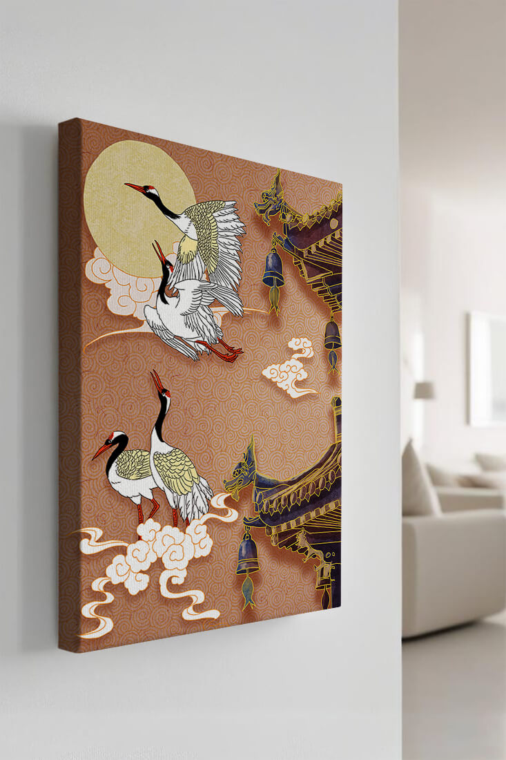 Elegant cranes flying beside traditional Asian architecture under moonlight