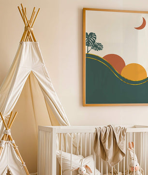 Minimalist Landscape With Mountains And Monstera Leaves At Sunset - Mi tienda