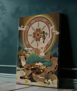 Elegant illustration of a serene woman in traditional clothing with a golden backdrop