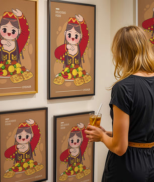 Illustration d’une figure culturelle ouïghoure portant un costume traditionnel et partageant un repas festif