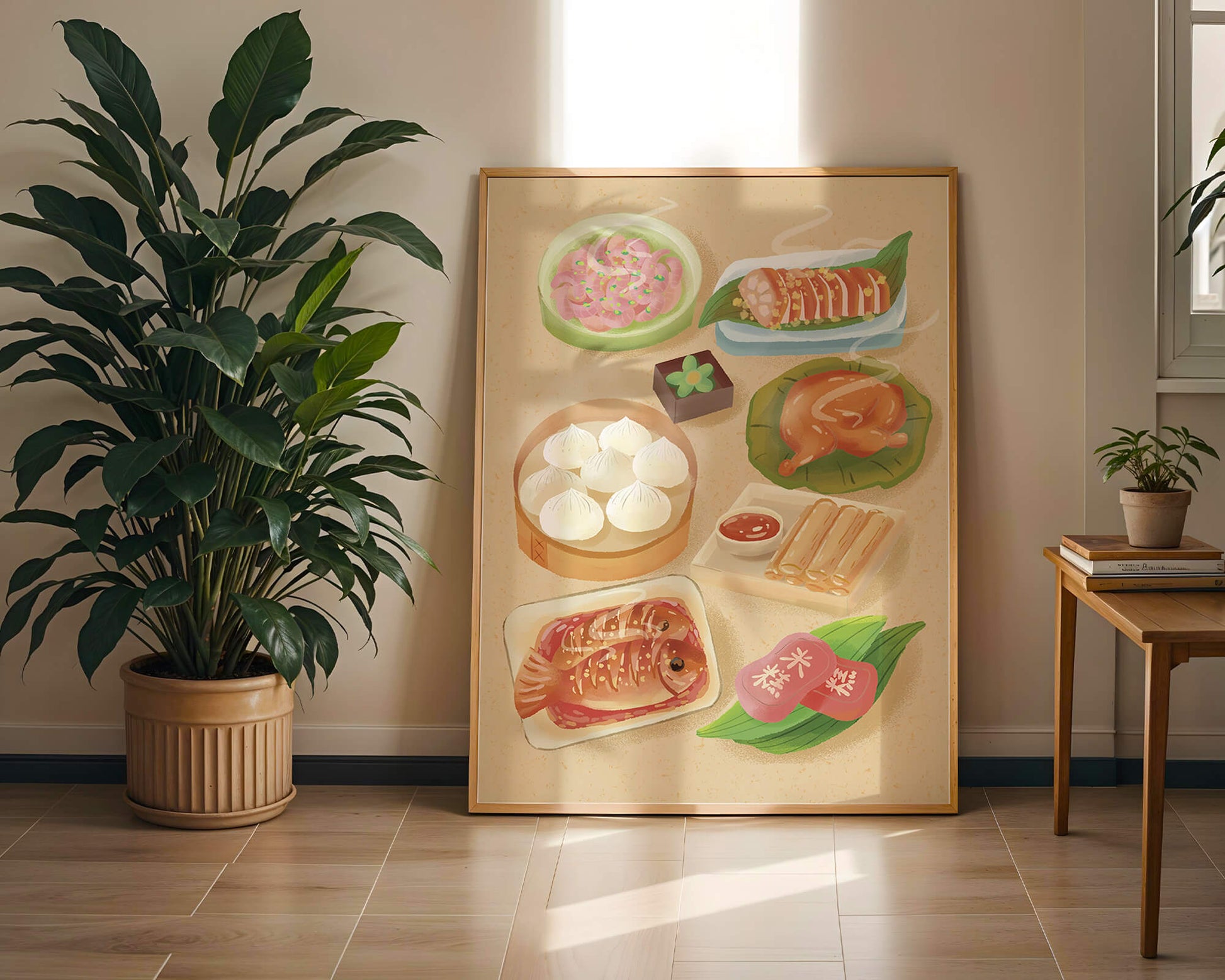Colorful Representation of Asian Cuisine with Various Dishes