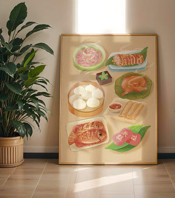 Colorful Representation of Asian Cuisine with Various Dishes