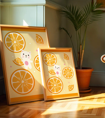 Illustration of a playful cat with orange slices on a colorful background