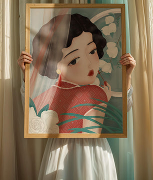 Elegant Asian Woman in Red Dress with White Roses and Pearls