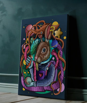 Ilustración abstracta colorida de un conejo en el espacio con pulpo, planetas y zanahoria