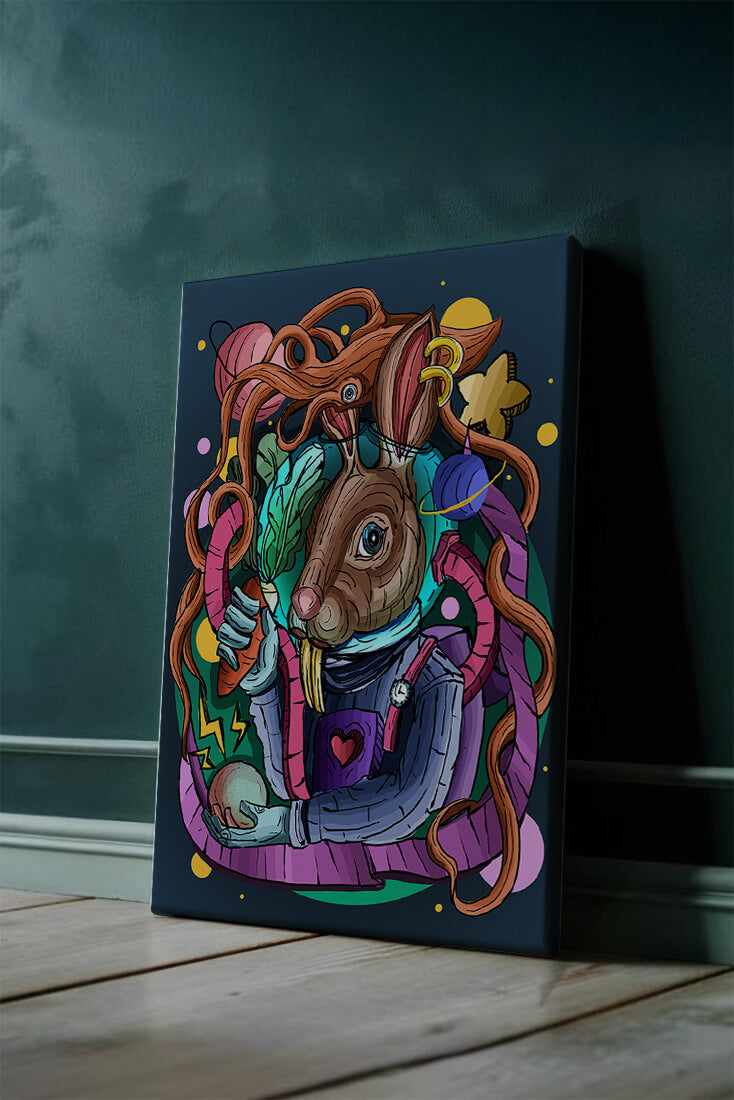 Ilustración abstracta colorida de un conejo en el espacio con pulpo, planetas y zanahoria.