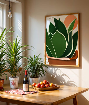 Ilustración contemporánea de una planta serpiente con fondo de amanecer