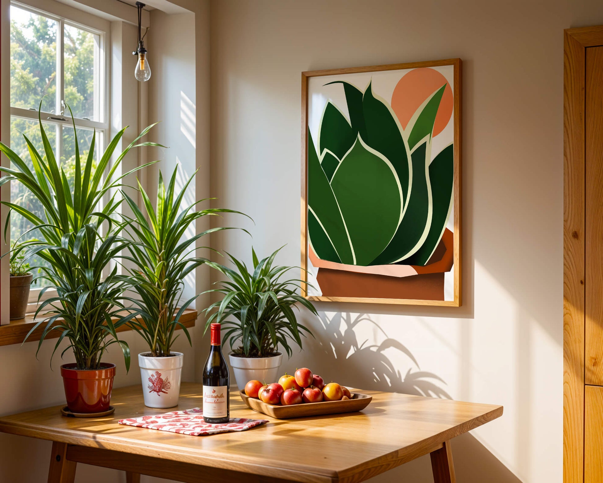 Ilustración contemporánea de una planta serpiente con fondo de amanecer