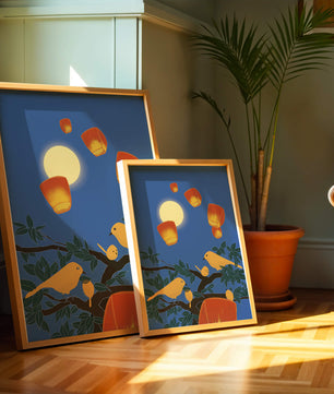 Lanterns and Birds Under the Night Sky