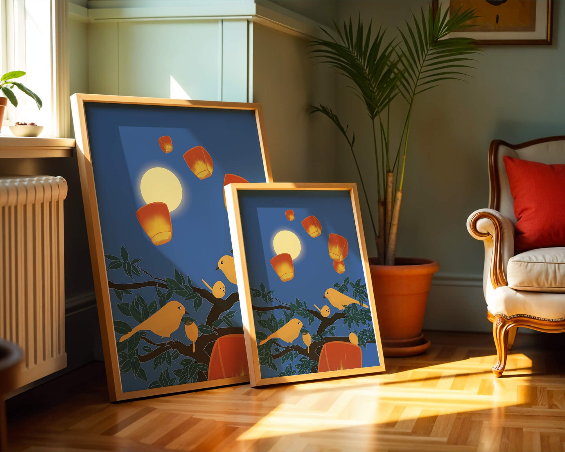 Lanterns and Birds Under the Night Sky
