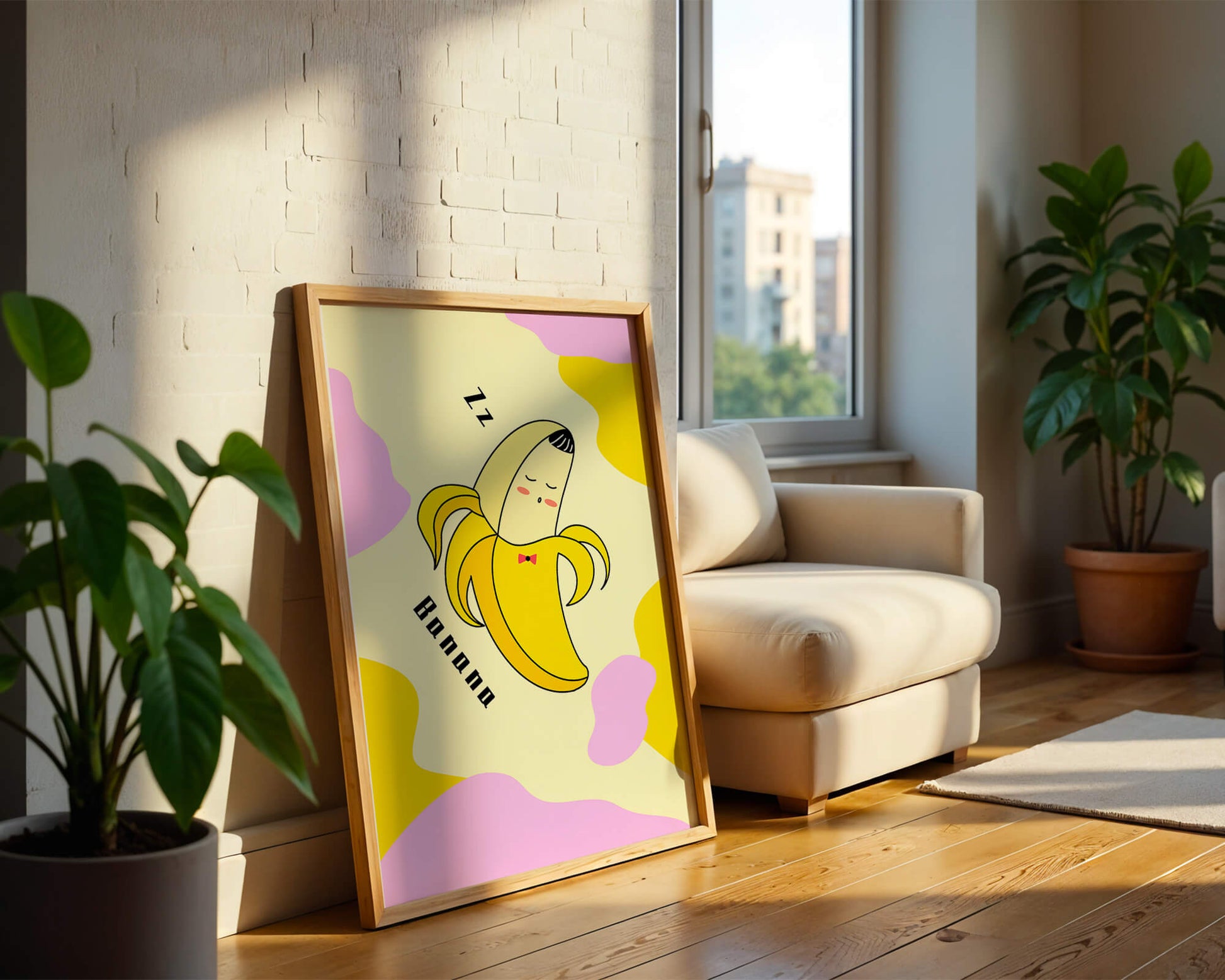 Playful illustration of a sleeping banana with colorful abstract background