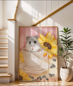 Hámster adorable en una taza de té con girasoles y semillas