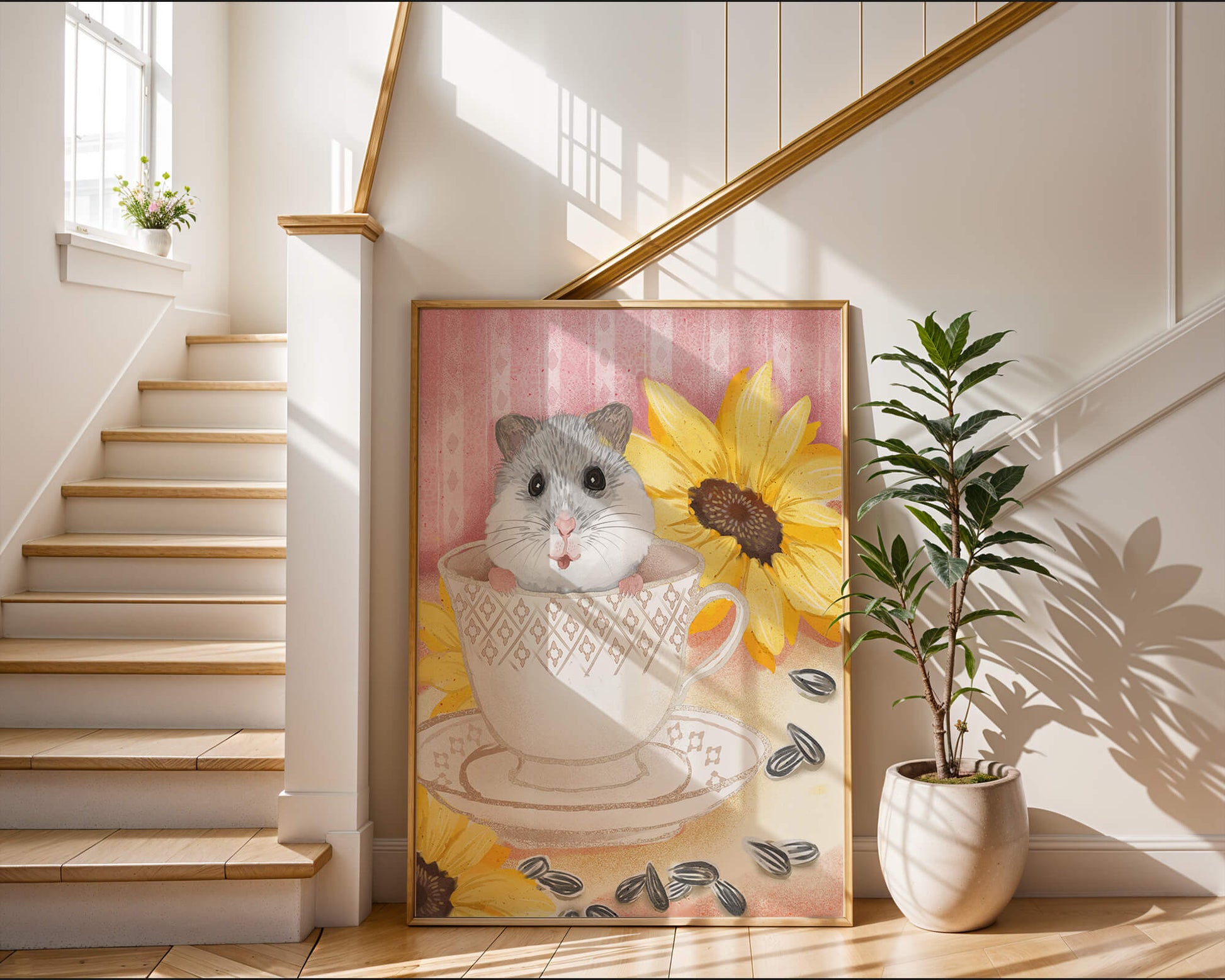 Adorable hamster in teacup with sunflowers and seeds