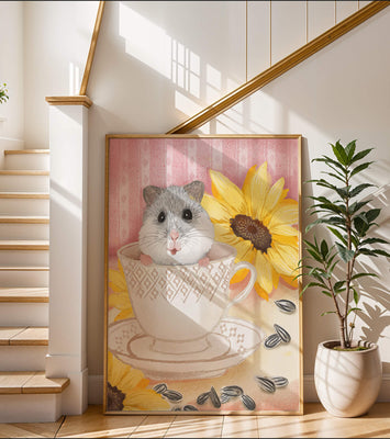 Adorable hamster in teacup with sunflowers and seeds