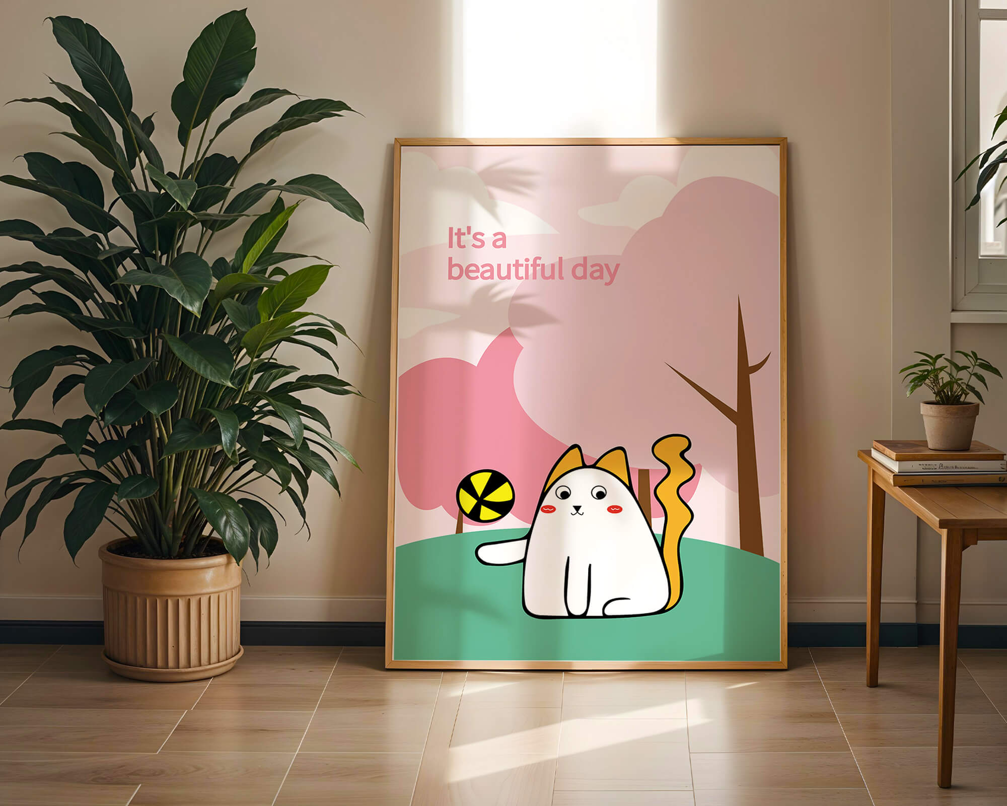 Charming cat illustration in a playful park scene with trees and clouds