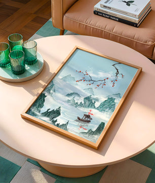 Chinese Landscape with Cherry Blossoms and Boat in Misty Mountains - Mi tienda