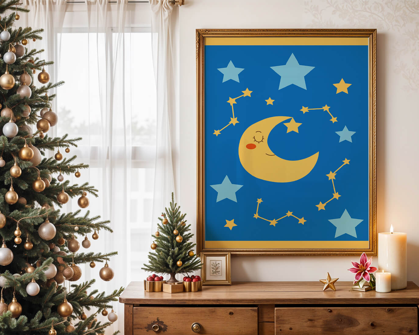 Whimsical children's room decor with smiling moon and stars