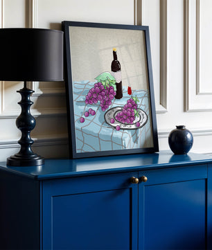 Still Life with Grapes and Wine Bottle on a Checkered Tablecloth - Mi tienda