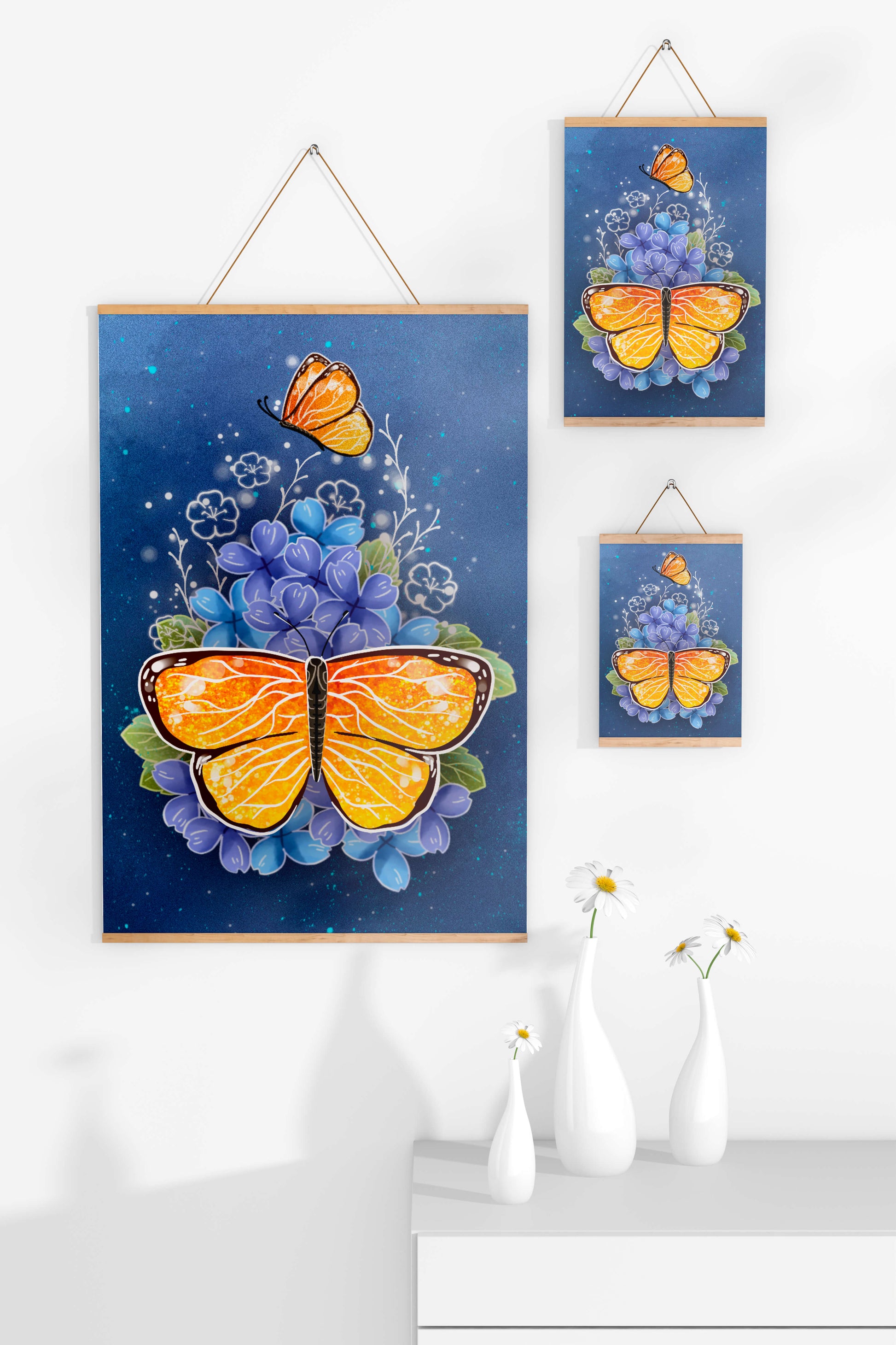 Colorida ilustración de mariposa y flores azules