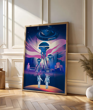 Futuristic Space City With Alien Creatures and Astronauts