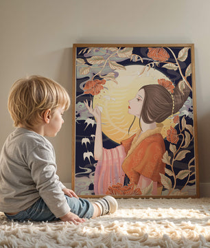 Illustration élégante d'une femme avec des éléments floraux sous la lumière de la lune