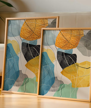 Abstrakte geometrische Kunst mit goldenen Akzenten und leuchtenden Farben
