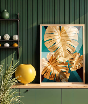 Blätter der Goldenen Monstera auf geometrischem Hintergrund