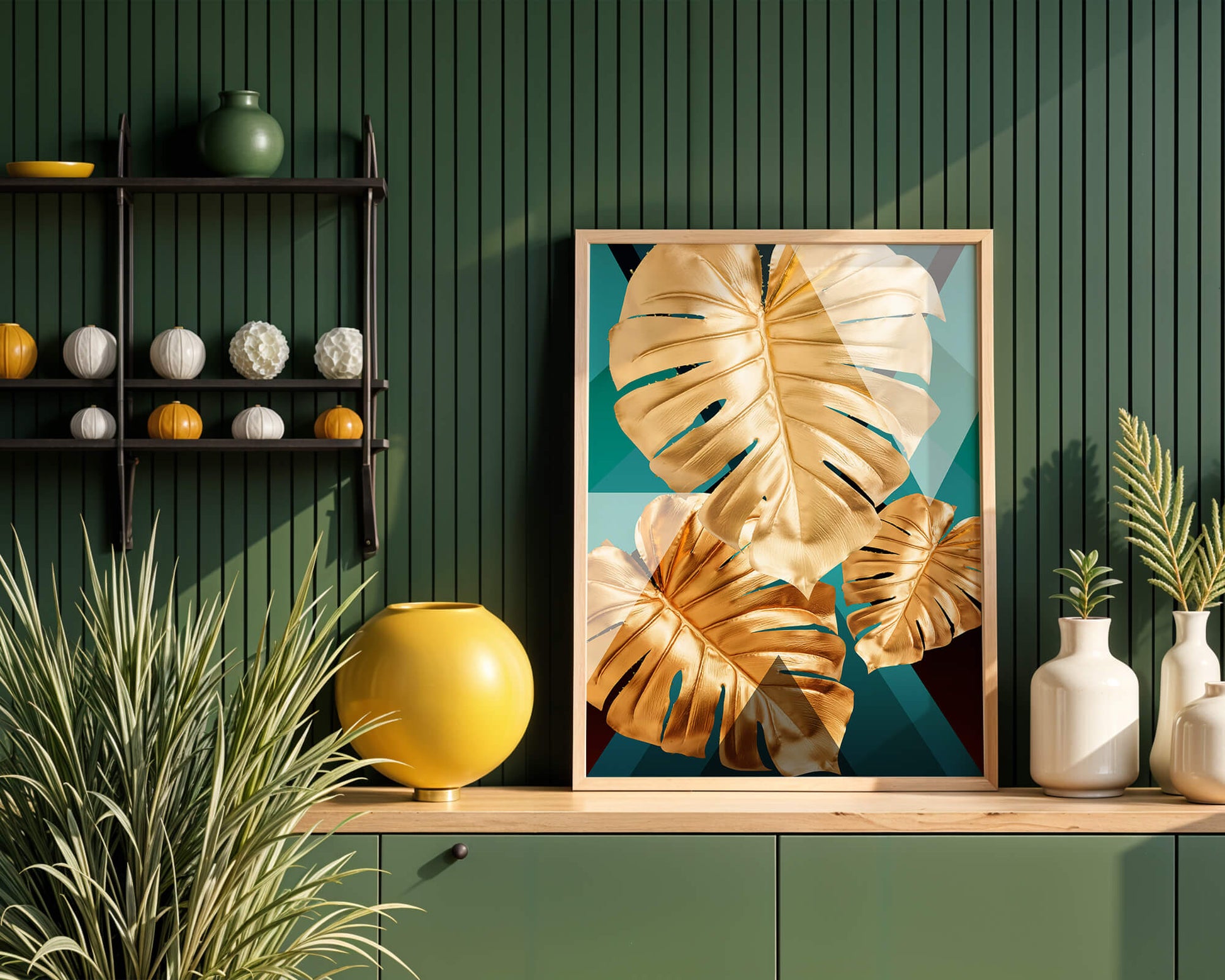 Hojas de monstera doradas sobre fondo geométrico