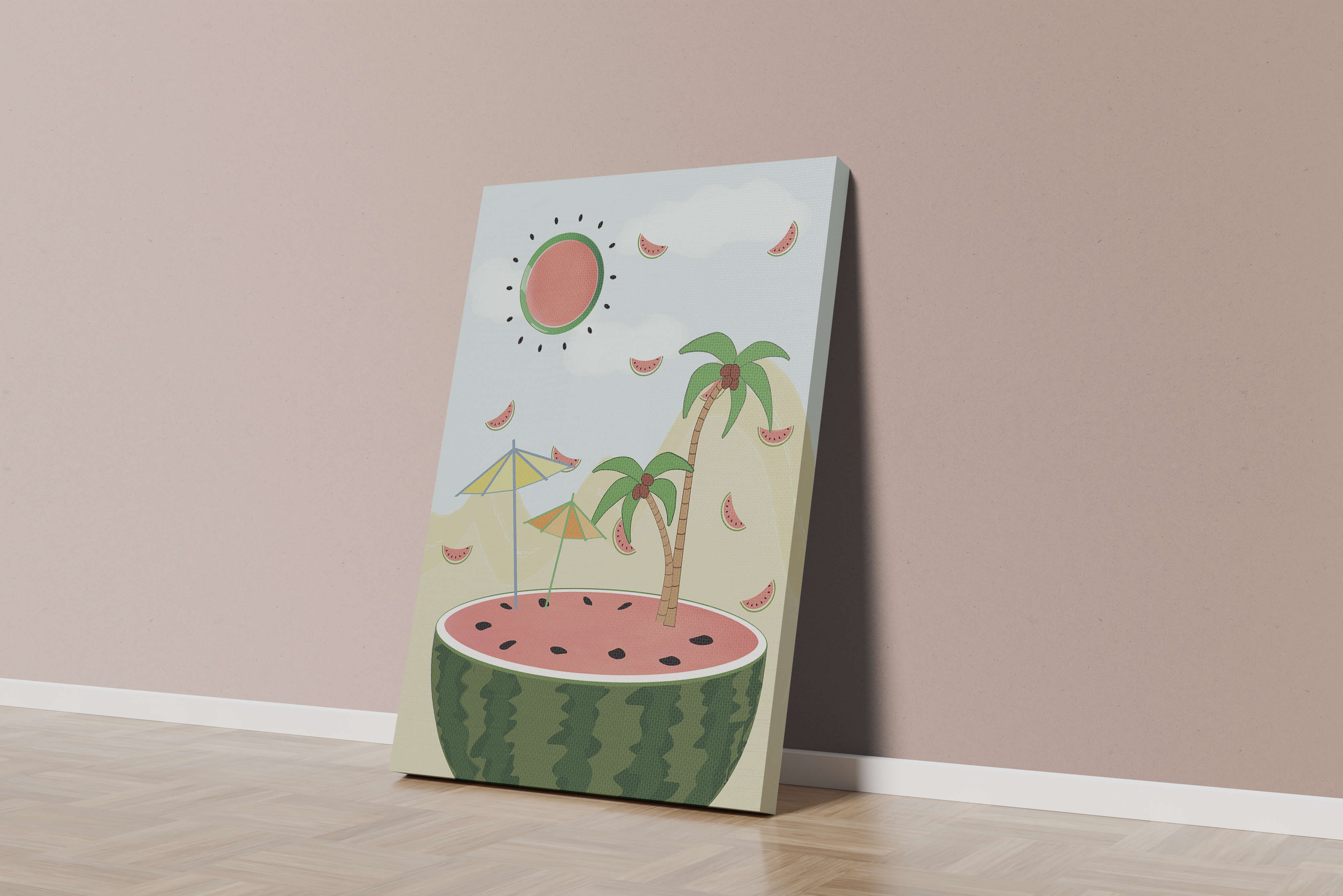 Summer Paradise with Watermelon Sun and Palms in Surreal Landscape