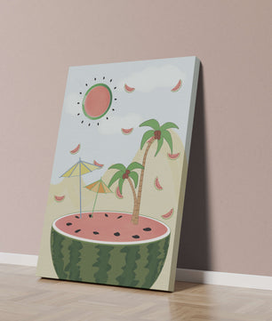 Summer Paradise with Watermelon Sun and Palms in Surreal Landscape