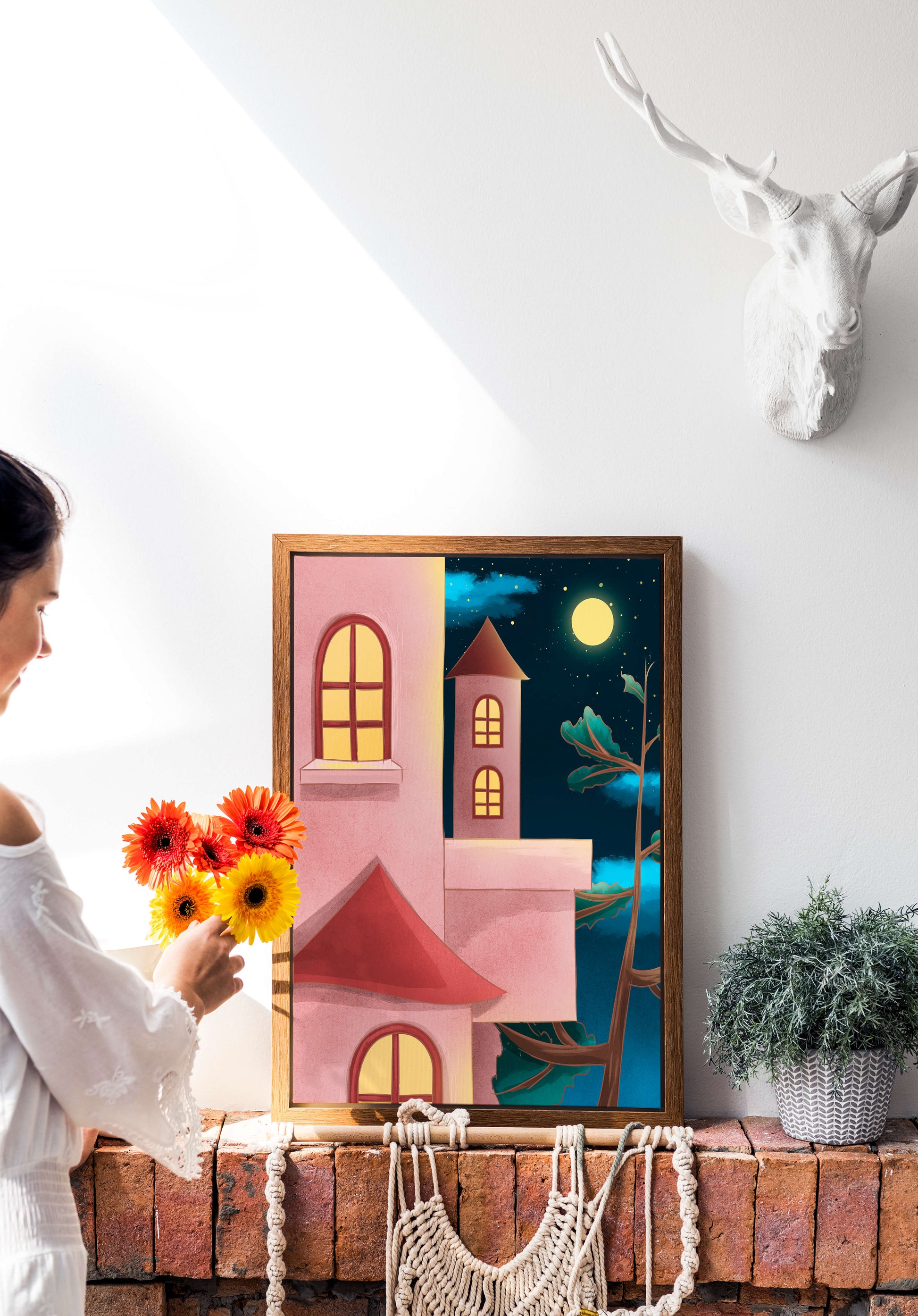Castle with Arched Windows under Moonlit Sky