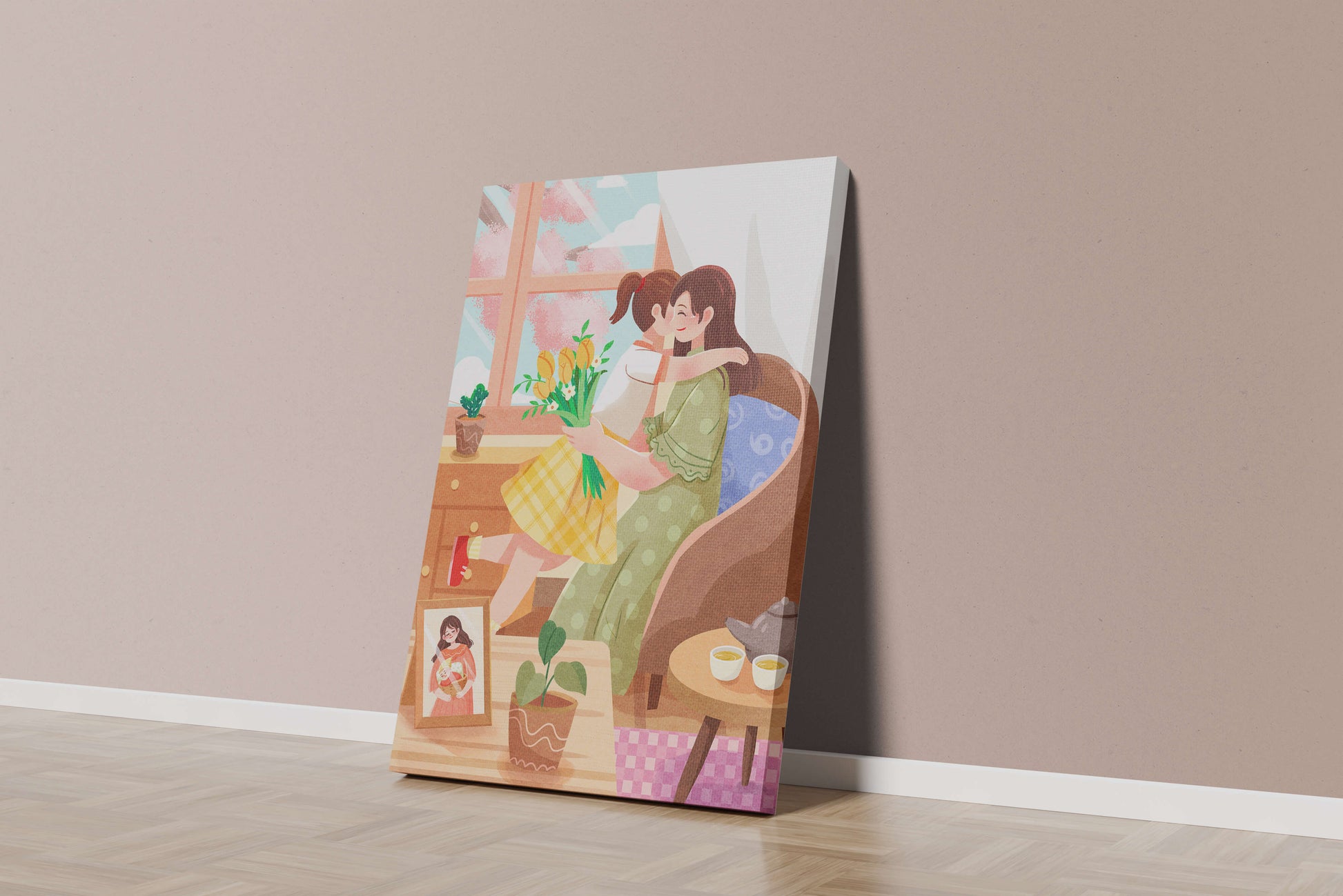 Cozy living room scene with mother and daughter hugging near window