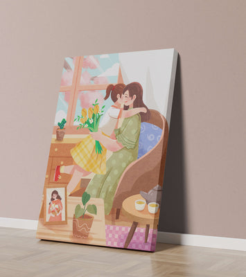 Cozy living room scene with mother and daughter hugging near window