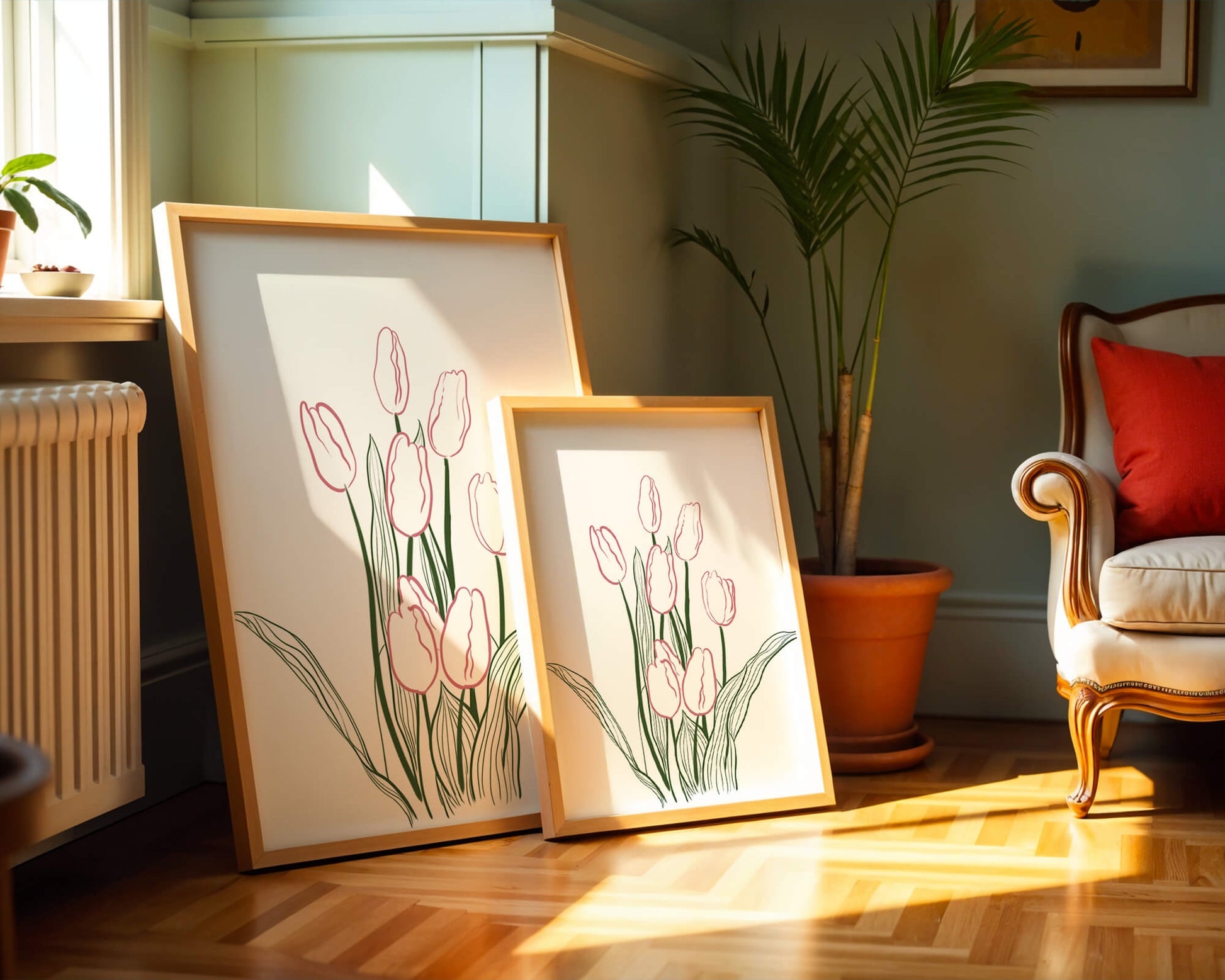 Wunderschöne rosa Tulpen mit grünen Blättern auf einer minimalistischen Leinwand