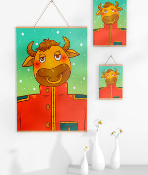 Cartoon cow character in a red coat against a snowy background