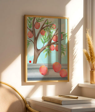 Peach tree outside a window with ripe peaches and sunny sky