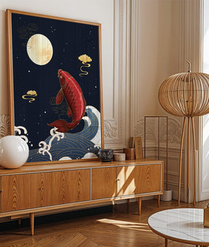Traditional Japanese koi fish art with moonlit waves and clouds