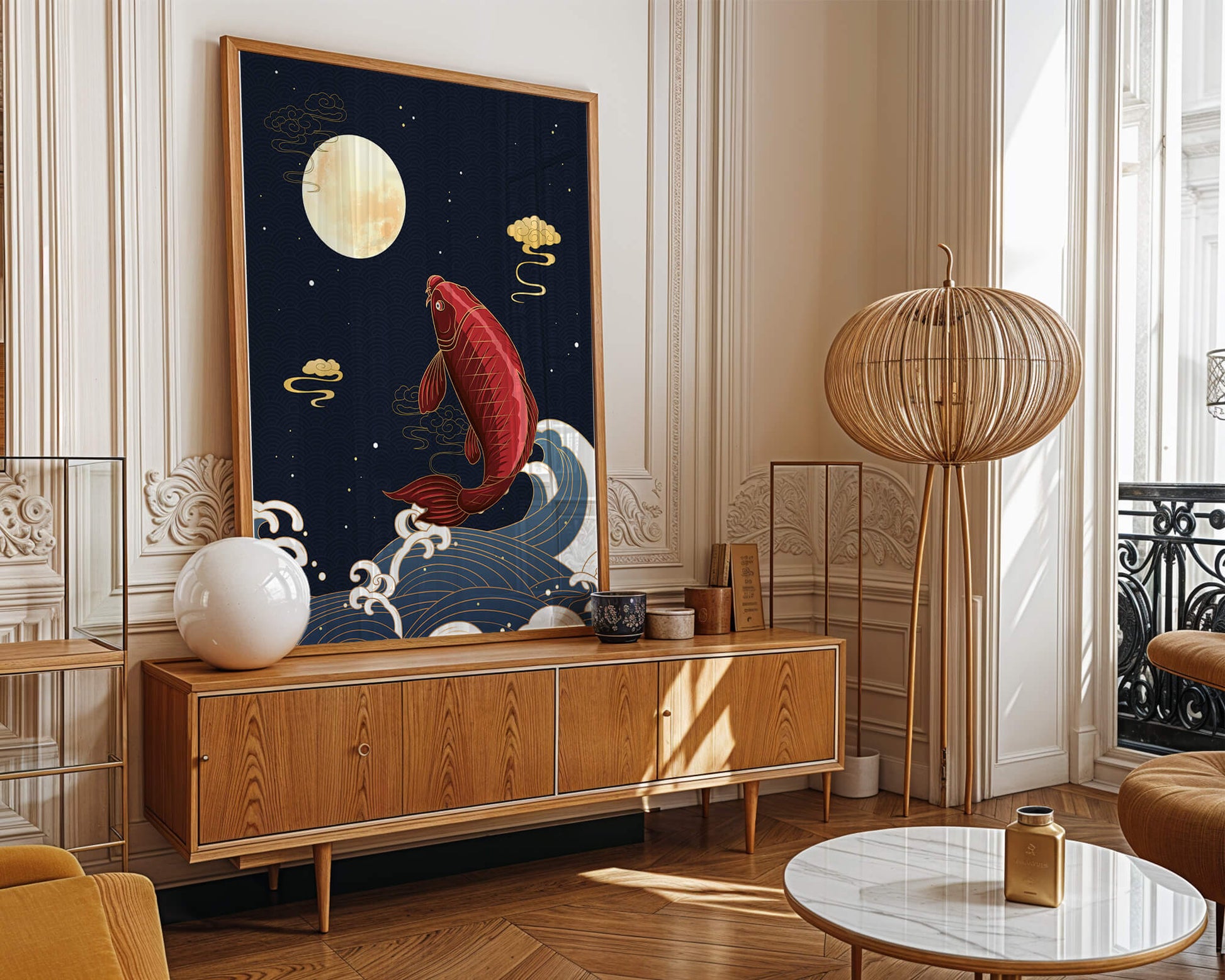 Traditional Japanese koi fish art with moonlit waves and clouds