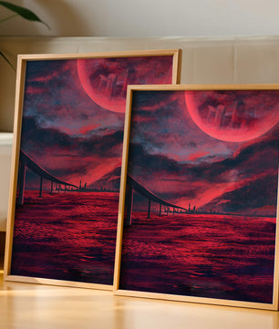 Surreal Scarlet Landscape with Bridge and Celestial Body