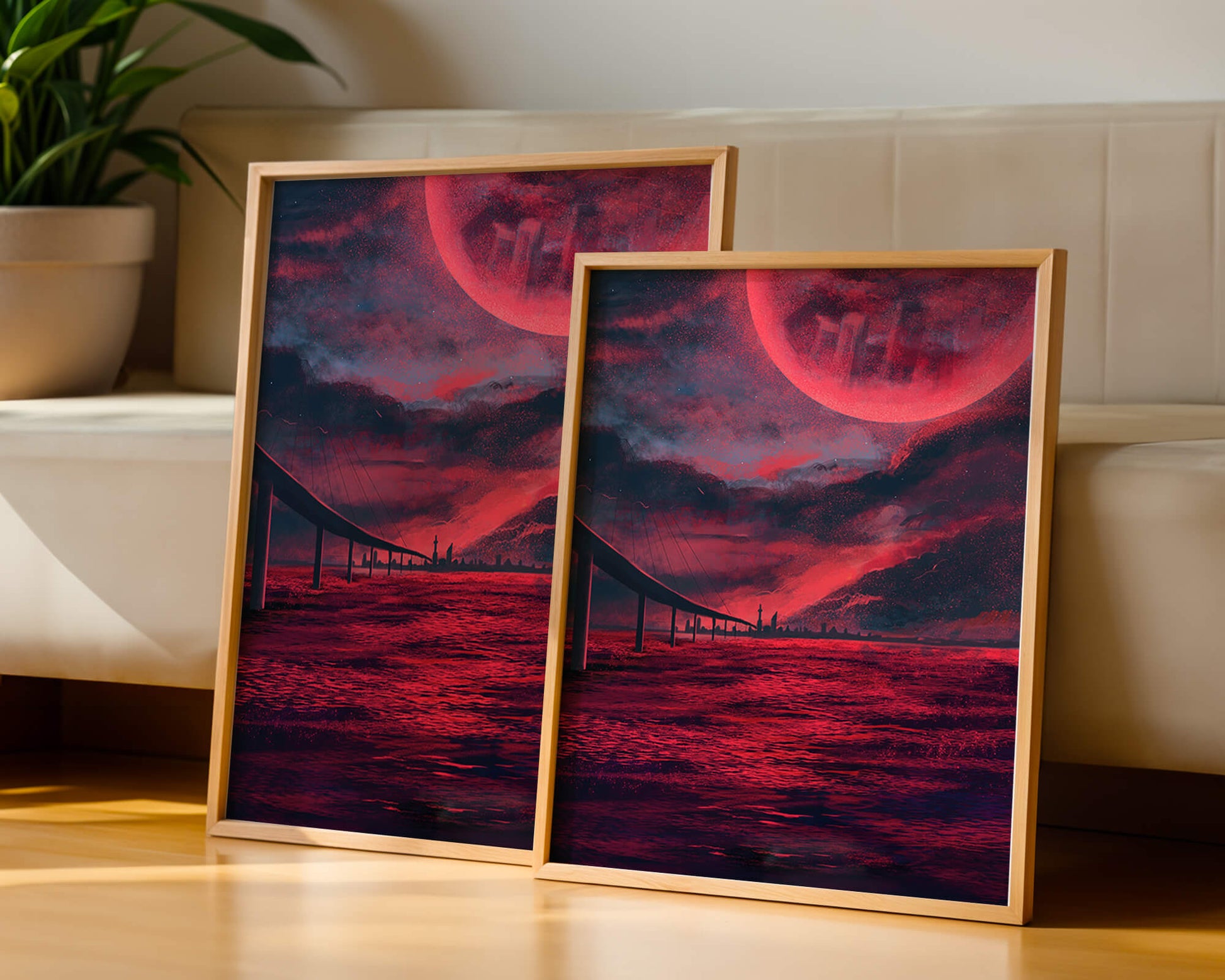 Surreal Scarlet Landscape with Bridge and Celestial Body